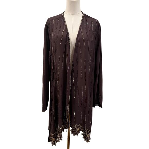 Roaman's Brown Embellished Beaded Sequin Duster Kimono 28 NEW Holiday Flowy - Picture 2 of 9
